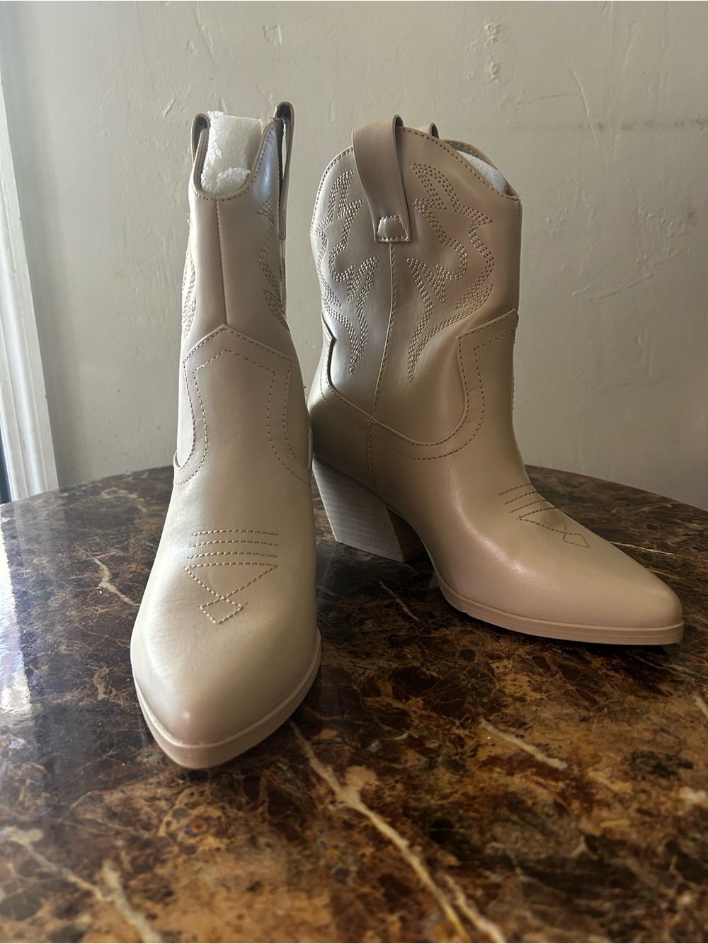 Soda Cream Western Ankle Boots with Stacked Heel
